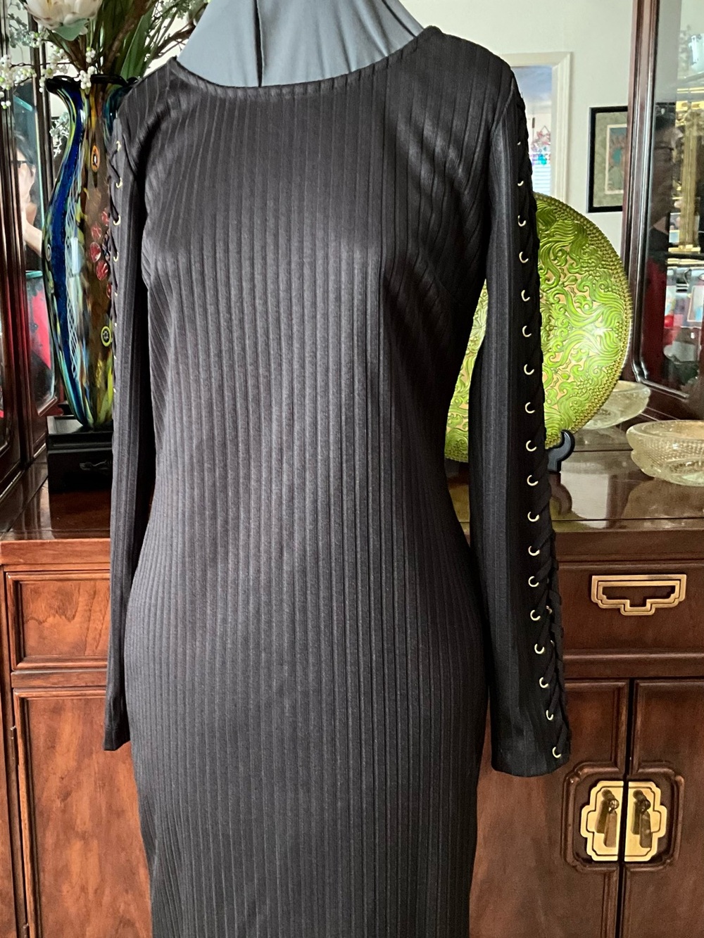 Jennifer Lopez Black Ribbed Long-Sleeve Lace-Up Midi Dress